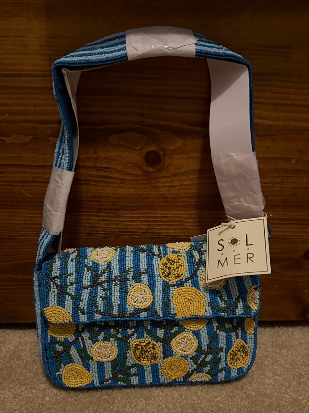 Blue Striped Lemon Beaded Shoulder Bag RARE